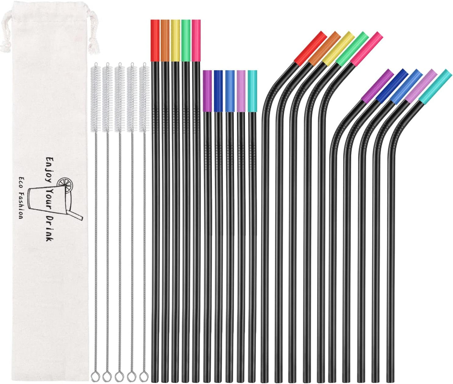 20 Pack Reusable Stainless Steel Metal Straws,10.5" & 8.5" Reusable Drinking Straws with 20 Silicone Tips 5 Straw Brushes 1 Travel Case,Eco Friendly Extra Long Metal Straw Fit for 20 24 30 oz Tumbler