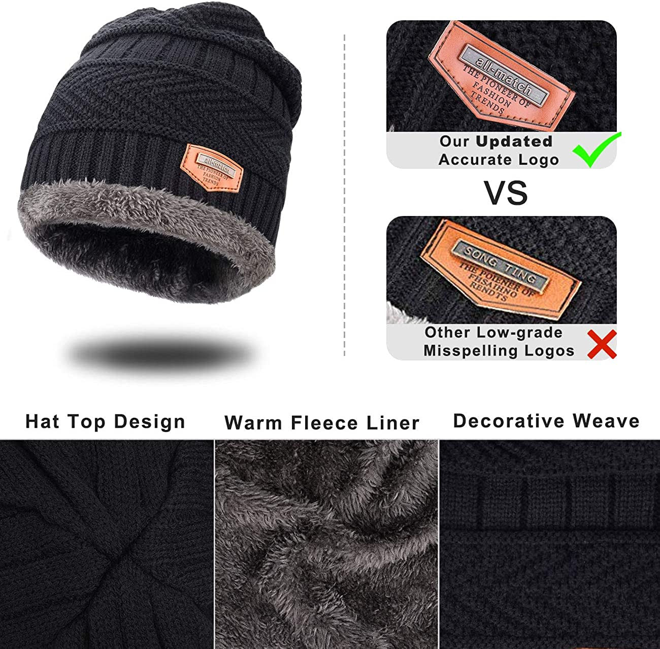 Winter Knit Sherpa Beanie Hat & Neck Warmer Scarf & Touch Screen Gloves Set 3 Pcs Sherpa Lined Skull Cap for Men Women