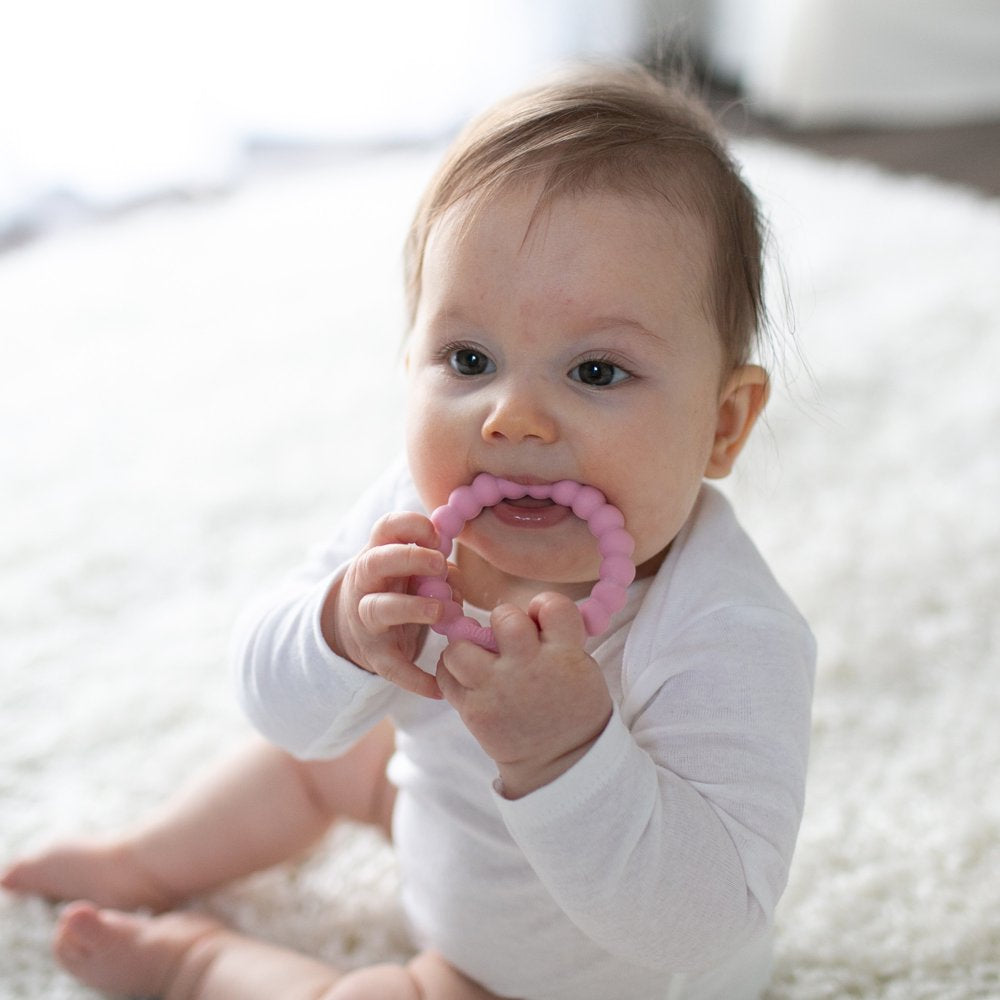 Dr. Brown’S Flexees Beaded Teether Rings, 100% Silicone, Soft & Easy to Hold, Encourages Self-Soothe, 3 Pack, Pink, White, Gray, BPA Free, 3M+