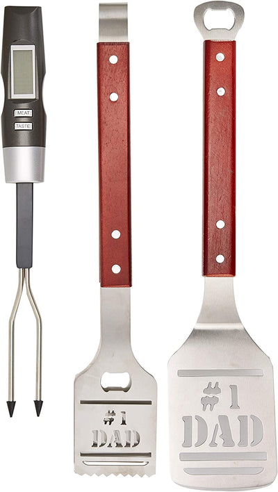 BBQ Grill Tools Set Gift for Dad, 4 Piece Set, Number 1 Dad Tongs, Spatula, Digital Thermometer and Case
