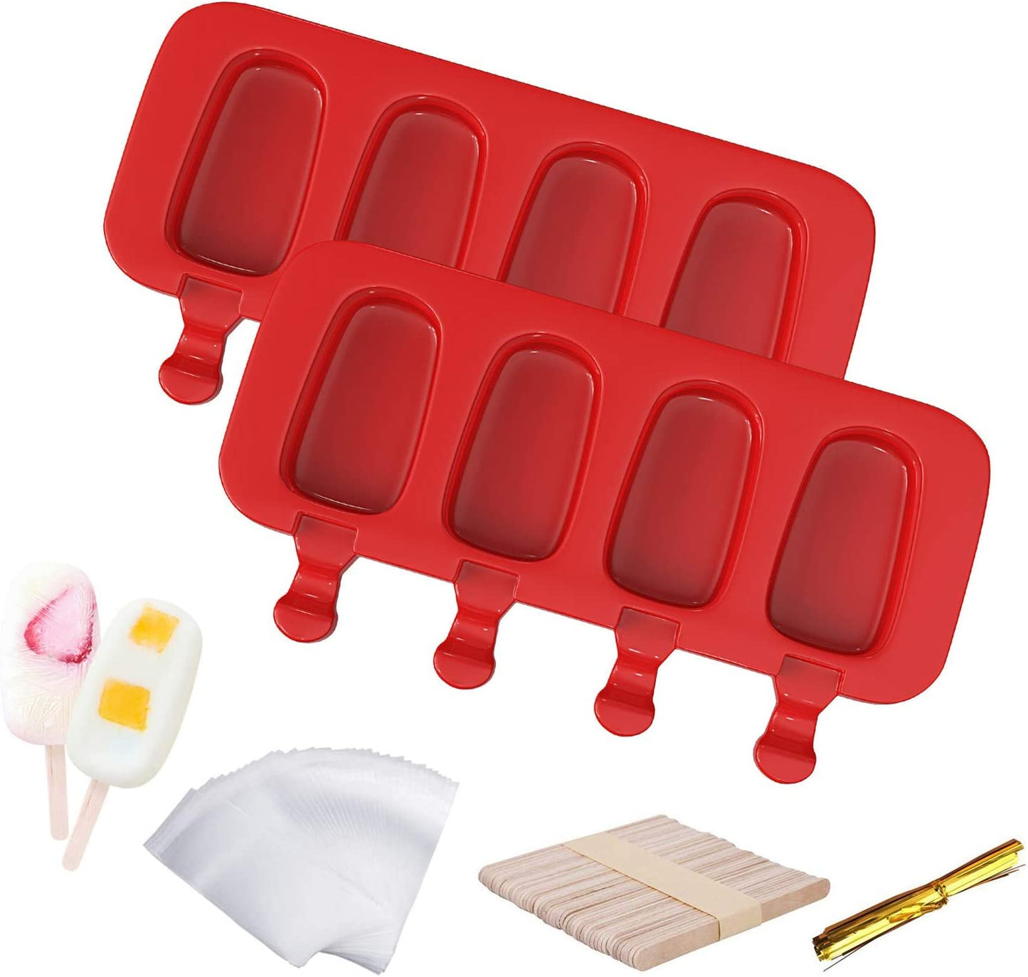 Popsicle Molds Set of 2, Ice Pop Molds Silicone 4 Cavities Ice Cream Mold Oval Cake Pop Mold with 50 Wooden Sticks for DIY Popsicle, Clear
