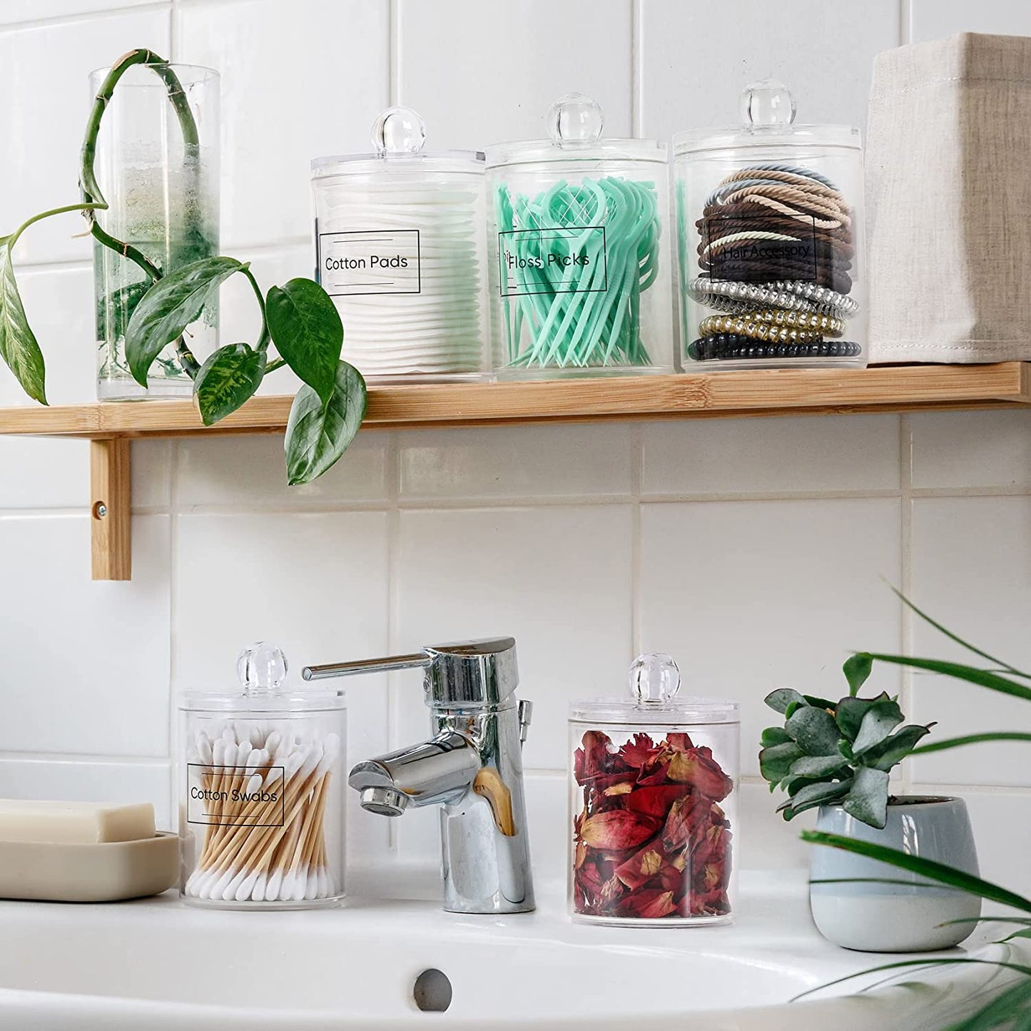 6 Pack Clear Plastic Apothecary Jar Set for Bathroom Canister Storage Organization