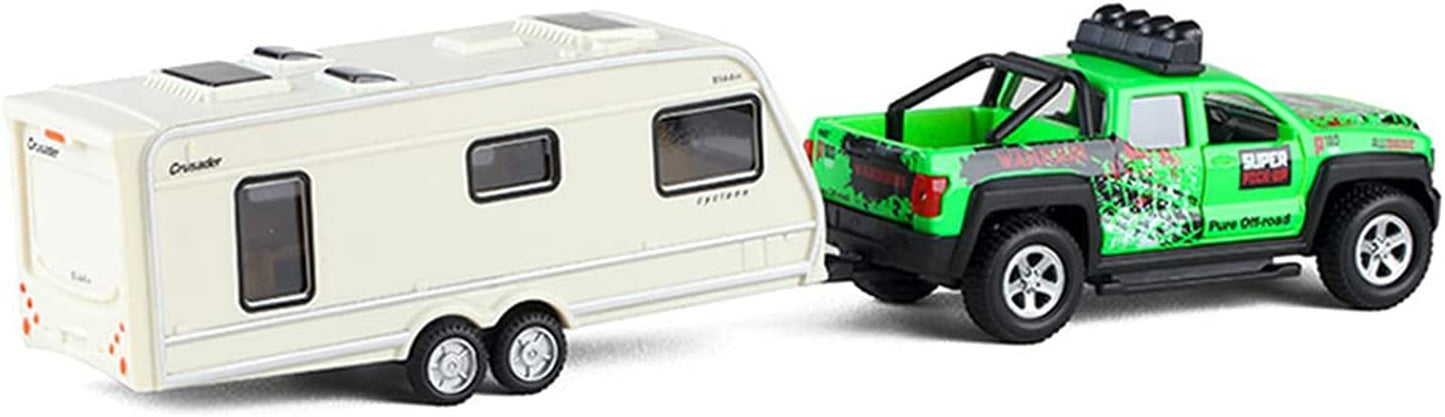 Monster Pickup Truck Trailer with Toy Camper RV Motorhome Toys for Boys Diecast Model Car Metal Toy Cars 1/36 Scale Off-Road SUV Pull Back Friction Powered Doors Open Light Sound Kids Gifts, Green