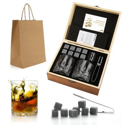 Whiskey Stones Glass Gift Set - Bourbon Scotch Whiskey Glass Set of 2 - Granite Chilling Rocks in Premium Wooden Box