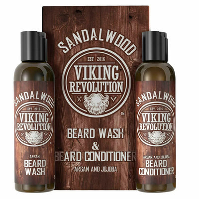Beard Wash & Beard Conditioner Set, Argan & Jojoba Oils - Natural Sandalwood Scent - Beard Shampoo & Beard Oil - 10 Oz
