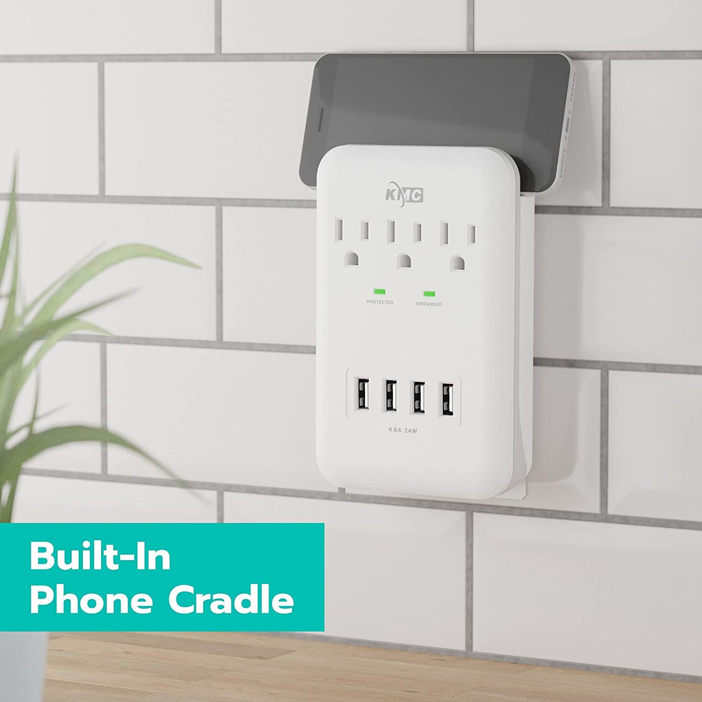 3-Outlet Wall Mount Surge Protector, 900 Joules, 4 USB 4.8 AMP USB Charging Ports, Phone Holder Cradle for Home, School or Office, ETL Certified
