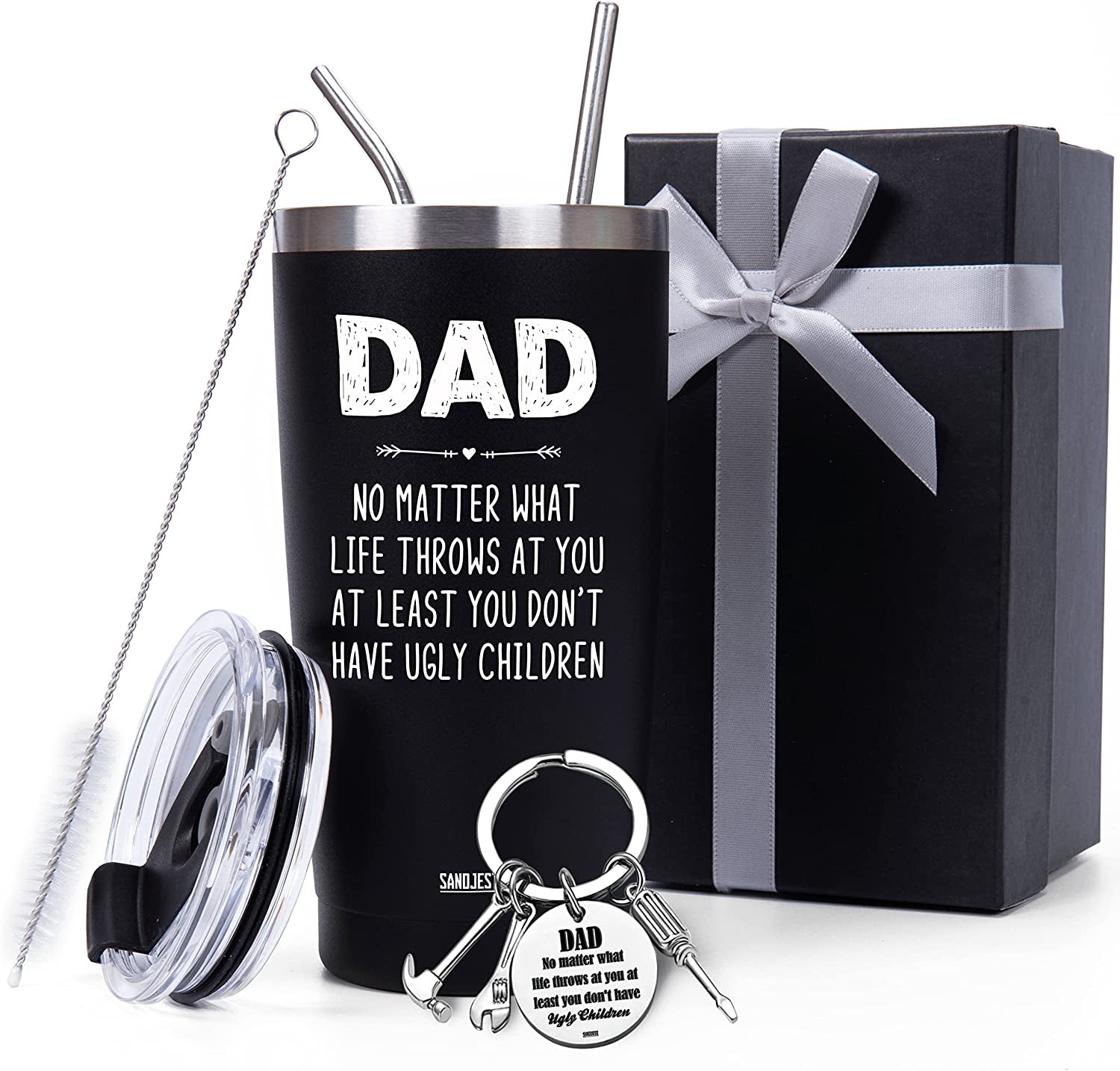 Dad Tumbler Gifts for Dad from Daughter Son - 20oz Stainless Steel Double-walled Insulated No Matter What Ugly Children Travel Mug Christmas, Birthday, Father's Day Gift Set with Lid & Straw