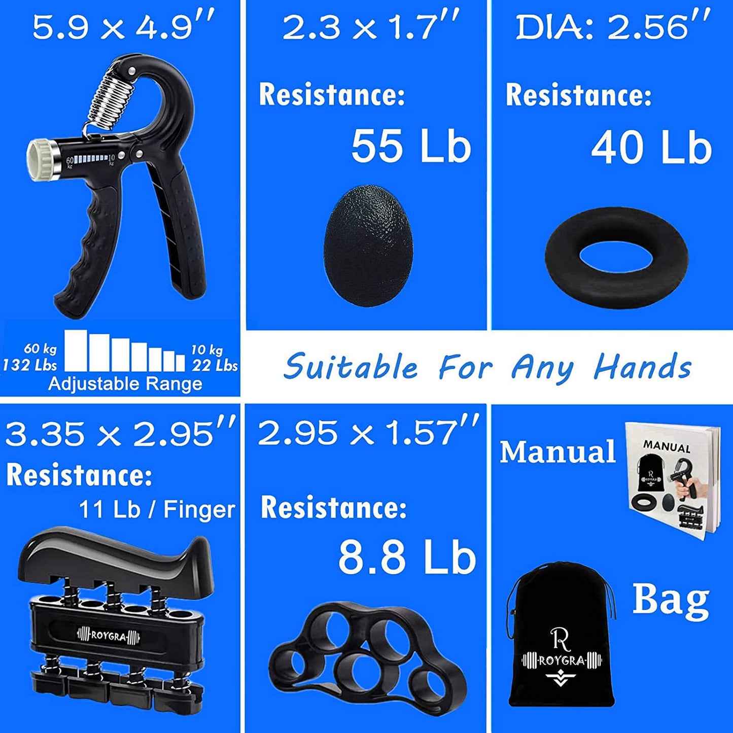 Grip Strength Trainer, Forearm Workout, Hand & Finger Exerciser - 5 Pack
