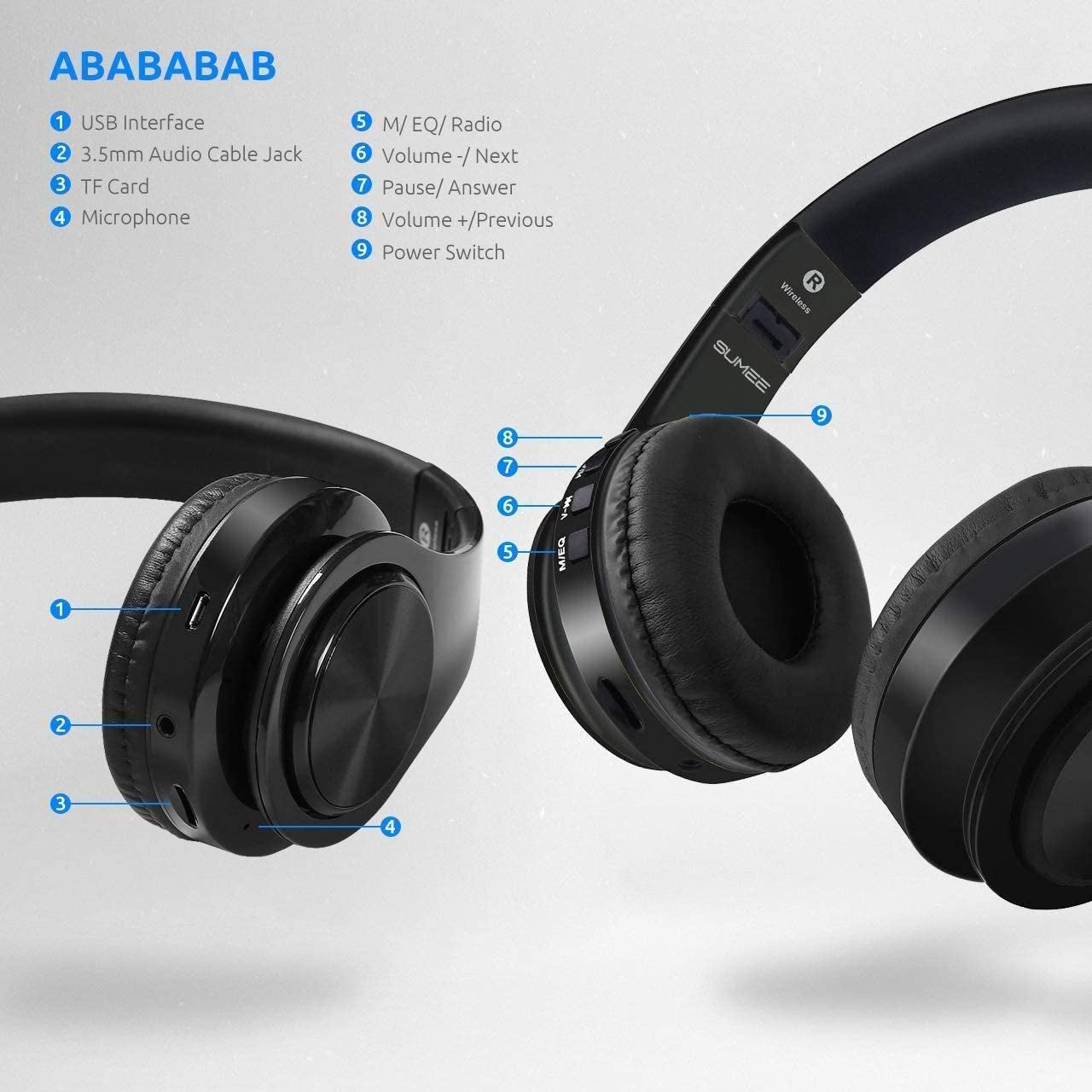 Waterproof Over-Ear Headphones, V5.0 HD Stereo Sound Sports Wireless Over-Ear Headphones with Mic, Passive Noise Cancelling Headsets, 9 Hours Battery