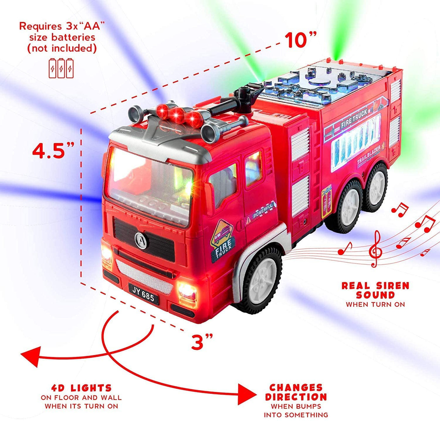 Electric Fire Truck Kids Toy - with Bright Flashing 4D Lights & Real Siren Sounds | Bump and Go Firetruck for Boys | Automatic Steering on Contact | Fire Engine Toy Trucks for Imaginative Play