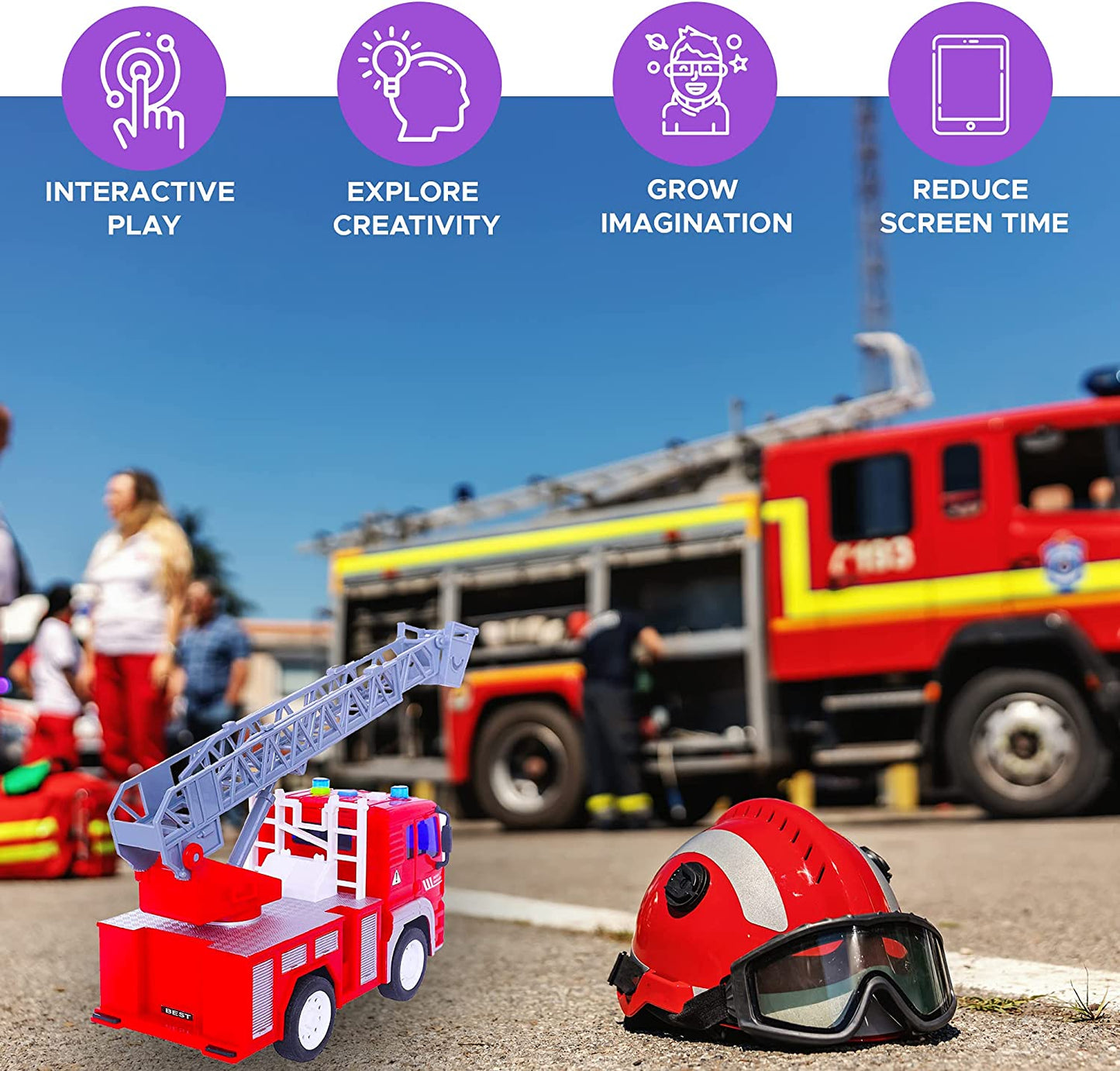 Fire Truck Toy with Lights, Sounds, Sirens, Extendable Ladder, Powerful Friction Wheels, 5 Firemen, Firefighter Figures - Red Mini Firetruck Engine for Toddlers, Kids, Boys, Girls Ages 3-7