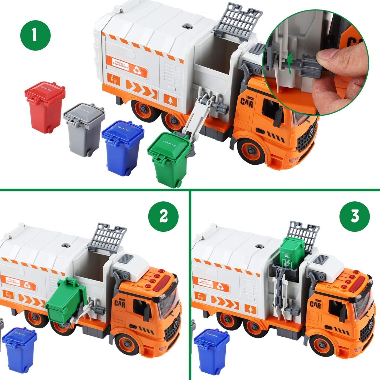 Garbage Truck Toys for 3 4 5 6 7 8 Year Old Boys, Flanney DIY Friction Powered Waste Management Recycling Truck Toy Set with 4 Trash Cans Toy Vehicle with Light and Sound Gifts for Boys Girls Toddlers