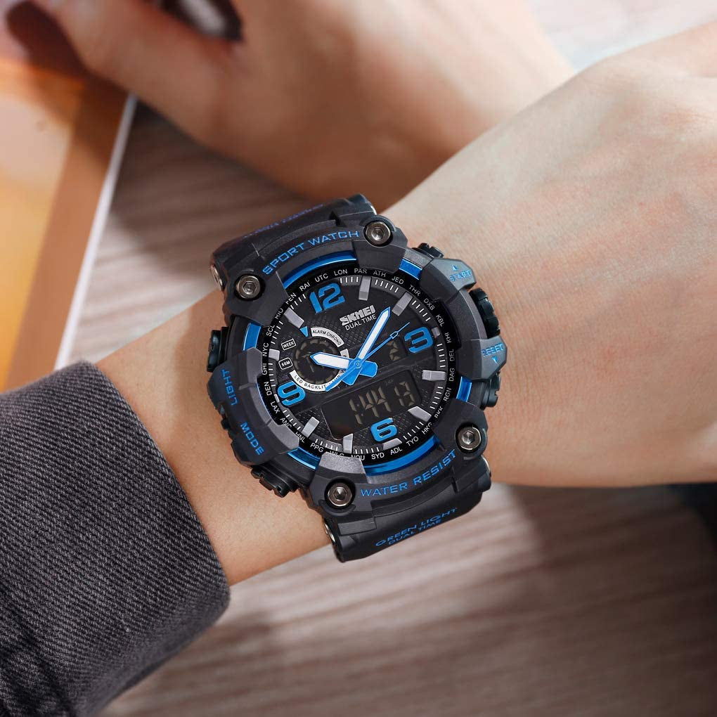 Men Digital Sports Watch, Dual Time Display LED Military Wrist Watch, Shockproof Large Dial Men Wristwatches Outdoor Waterproof Alarm Watches