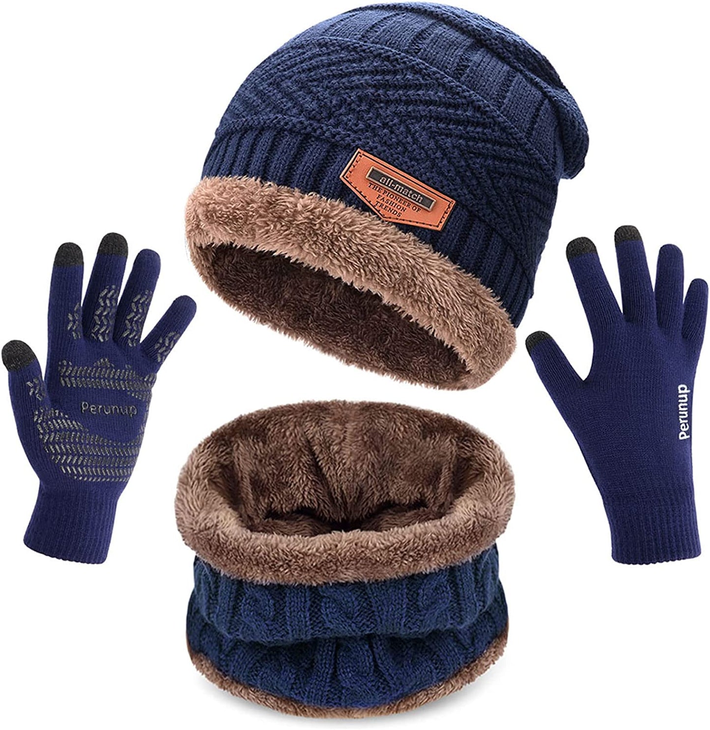 Winter Knit Sherpa Beanie Hat & Neck Warmer Scarf & Touch Screen Gloves Set 3 Pcs Sherpa Lined Skull Cap for Men Women