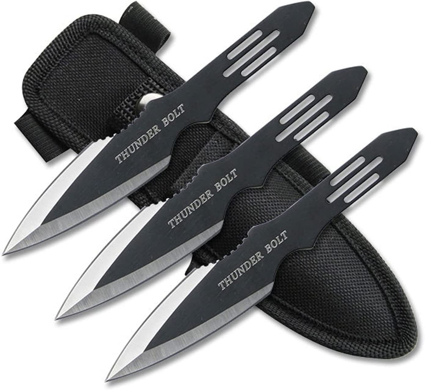 Perfect Point Throwing Knives – Set of 3 – Black/Satin Finish Blades W/ Thunder Bolt Etching, Black Stainless Steel Handles, Nylon Sheath, Full Tang, Well Balanced, Throwing Sport Knives – RC-595-3