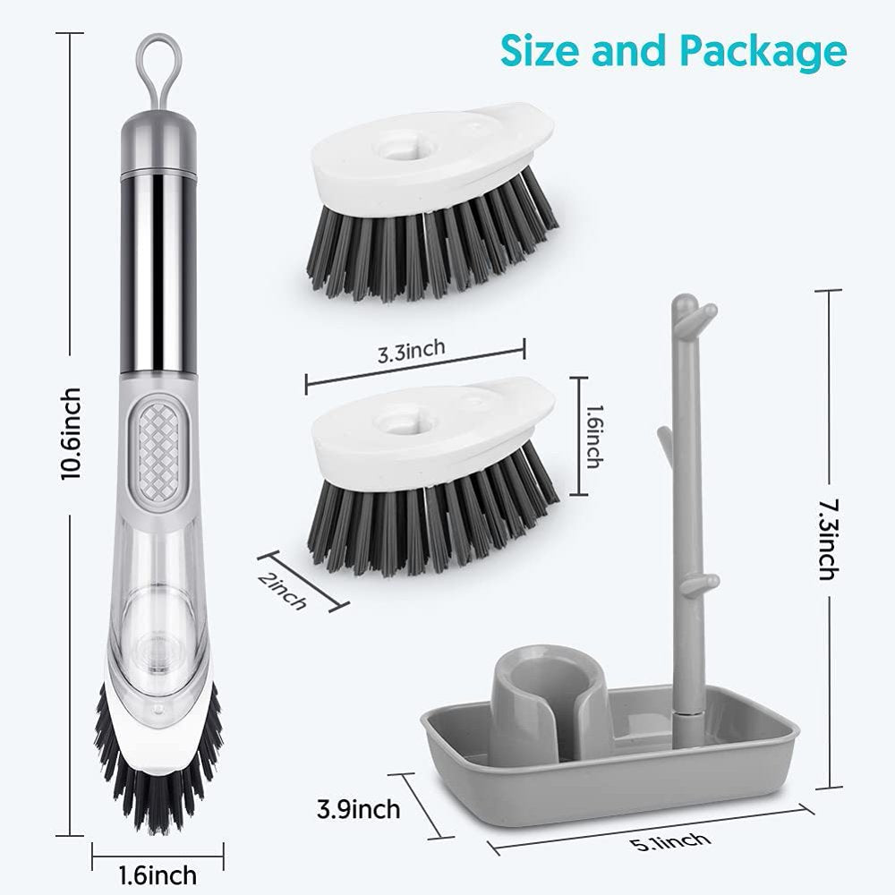 Soap Dispensing Dish Brush Set Kitchen Scrub Brush with Stand 3 Brush Replacement Heads