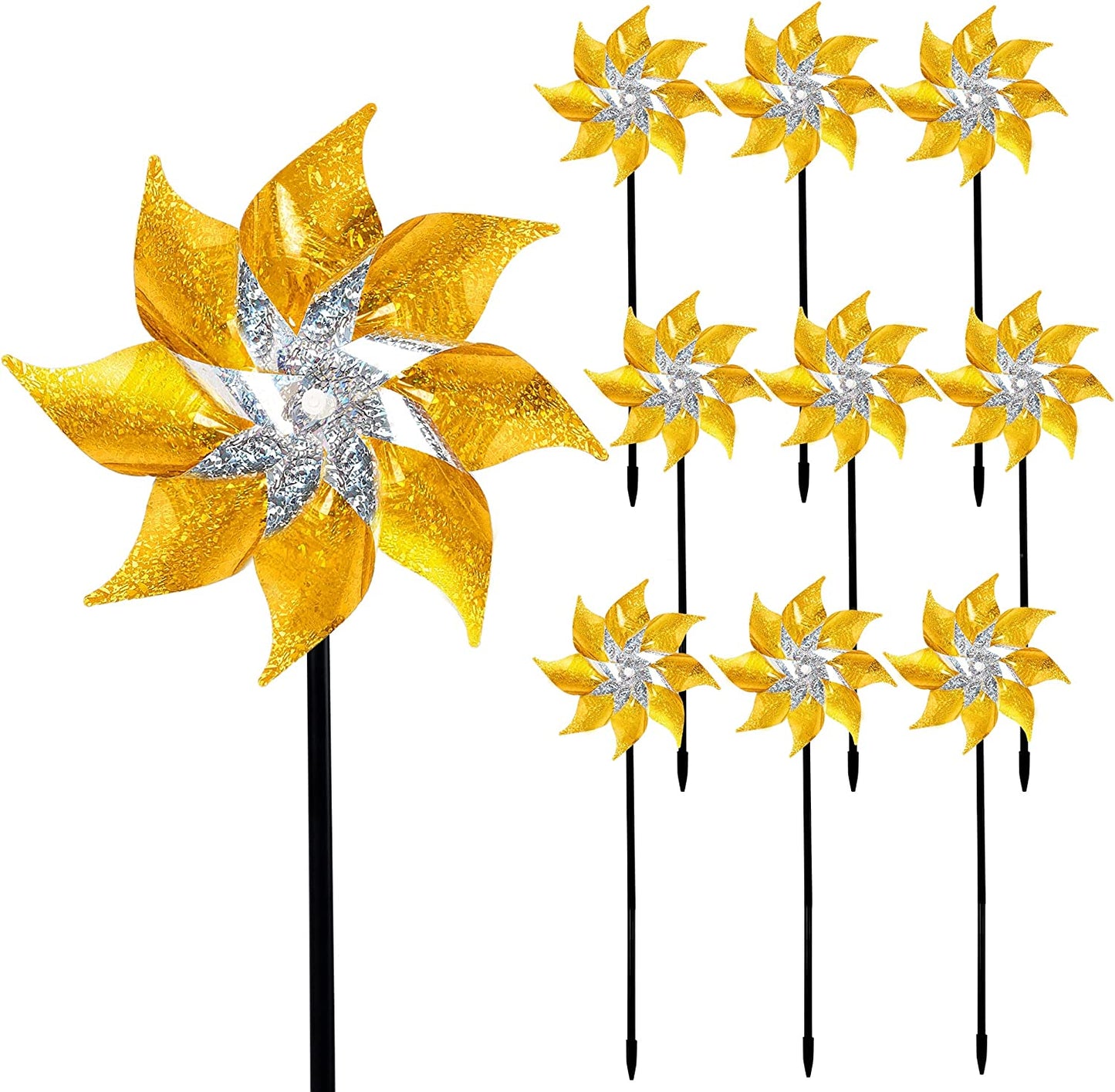 10 Pack Reflective Pinwheels Patriotic Decorations, American Flag on Stick Wind Spinner with Stake for Independence Day, Memorial Day July of 4th Party Supplies, Scare Birds Repellent Devices