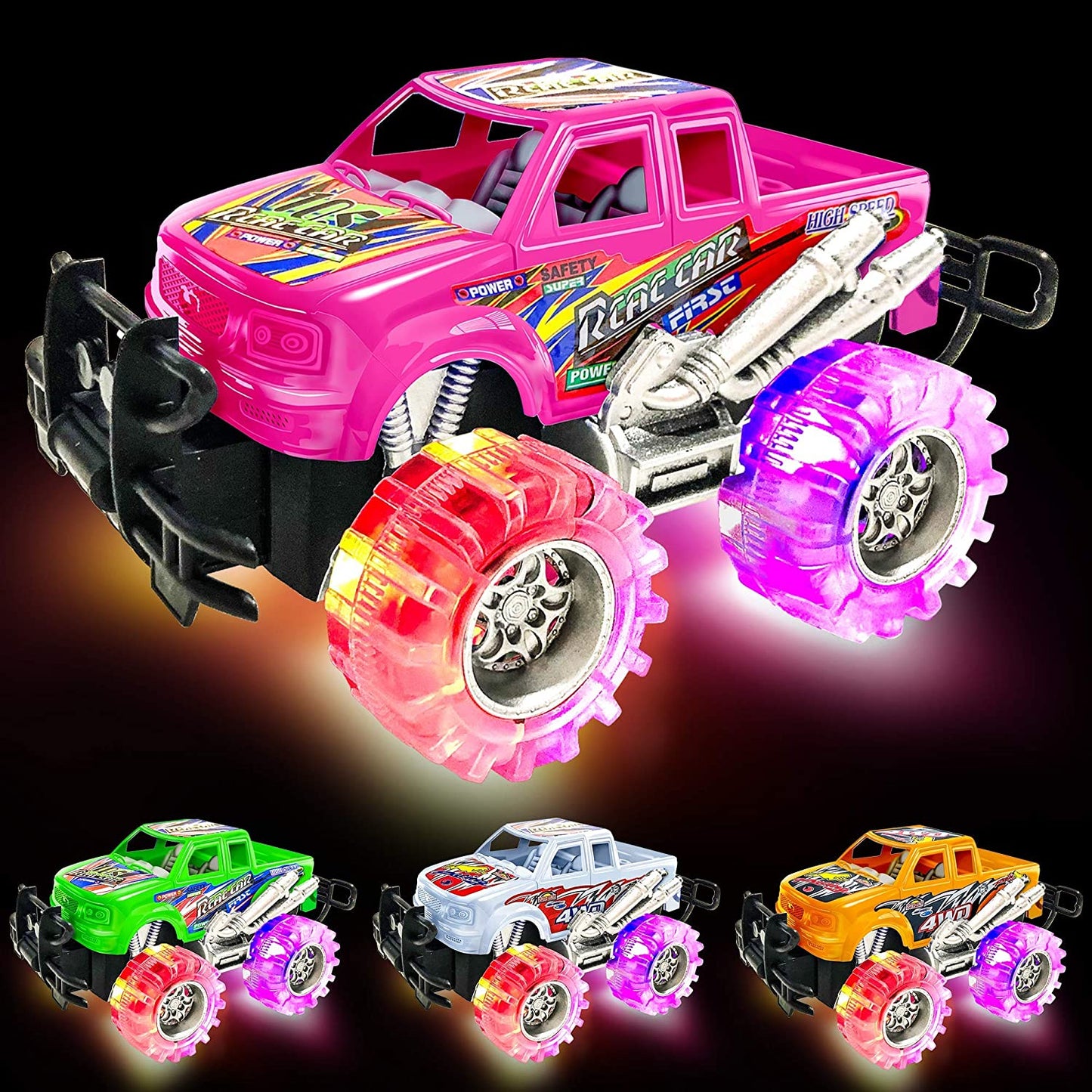 Artcreativity Light up Monster Truck Set for Kids,- Includes 4, 6 Inch Trucks with Beautiful Flashing LED Tires,- Push N Go Toy Cars for Boys and Girls,- Best Gift for Kids Age 3 - 6 Years Old and Up