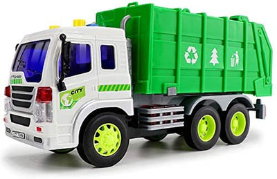 Friction Powered Garbage Truck Toys 1:16 Toy Vehicle with Lights and Sounds for Kids