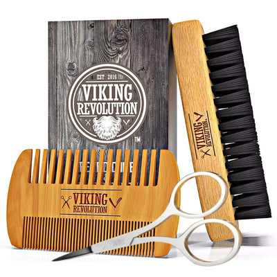 Beard Comb & Beard Brush Set for Men - Natural Boar Bristle Brush & Dual Action Pear Wood Comb W/Velvet Travel Pouch