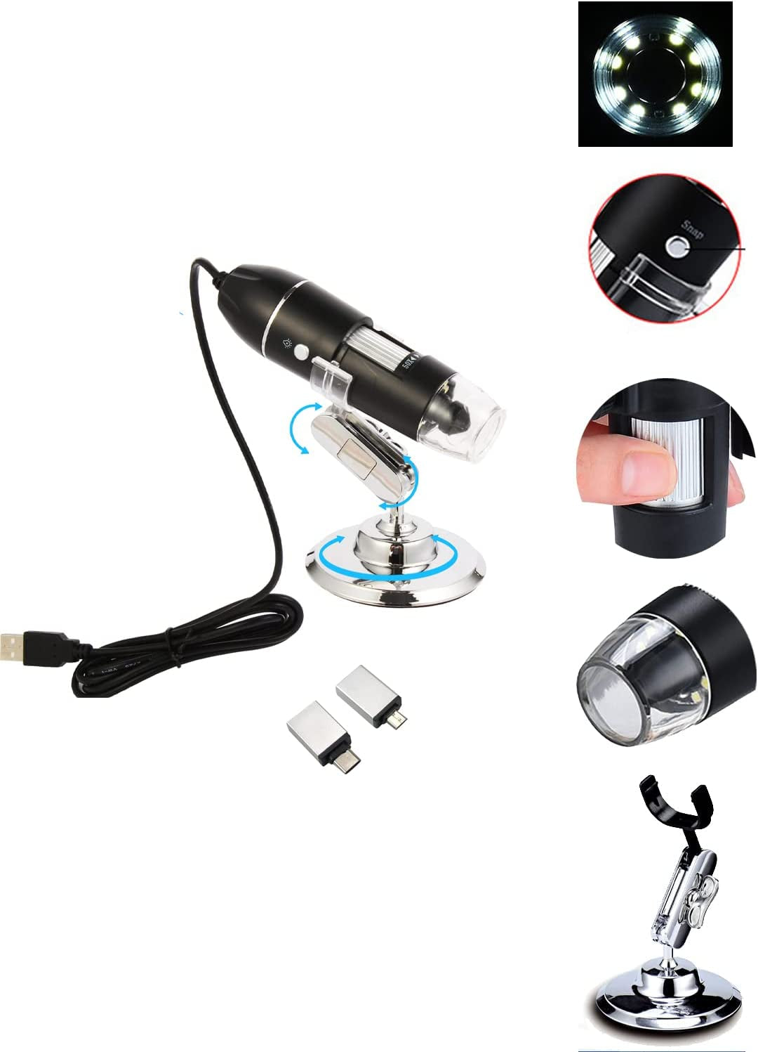 USB Digital Microscope, Handheld 50X-1600X Magnification Endoscope, 8 LED Mini Video Camera