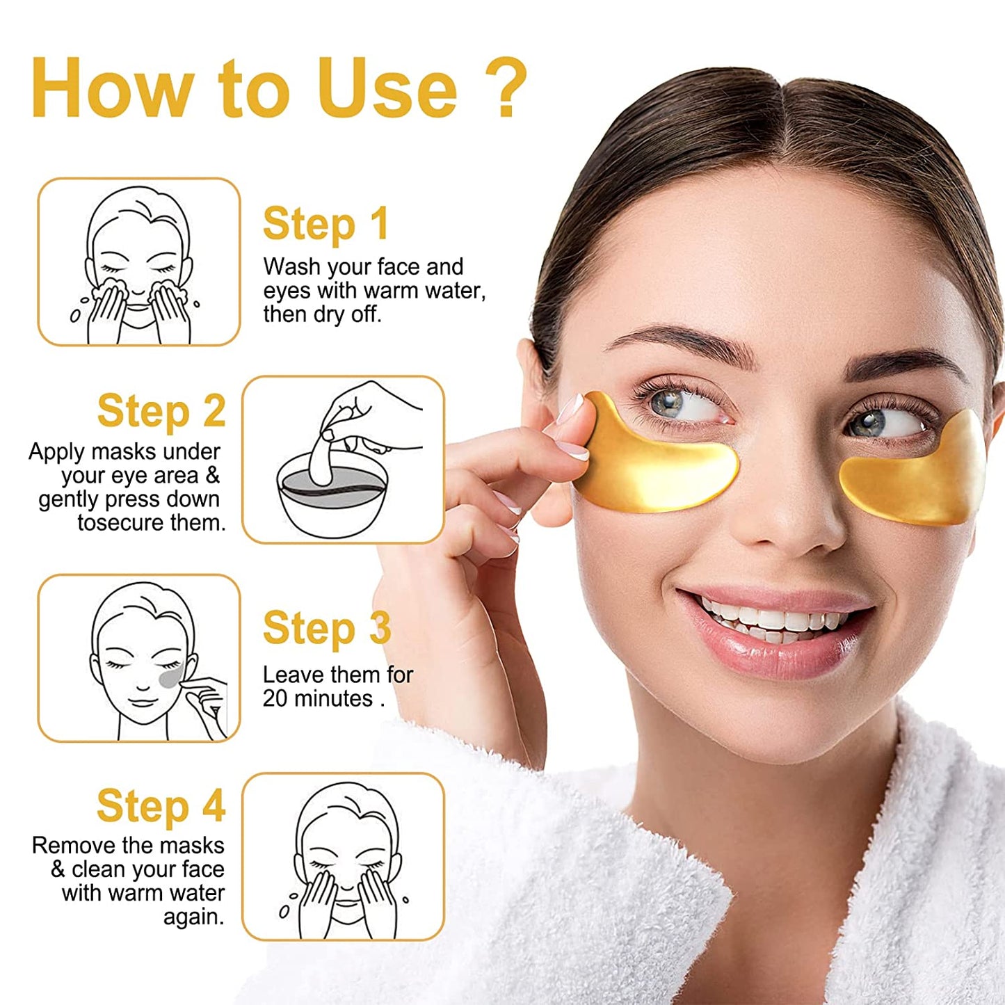30 Pairs 24K Gold Under Eye Mask - Eye Masks for Dark Circles and Puffiness, Reduce Wrinkles, Eye Bags and Fine Lines, Under Eye Patches Skin Care for Women and Man, with Hair Clips.