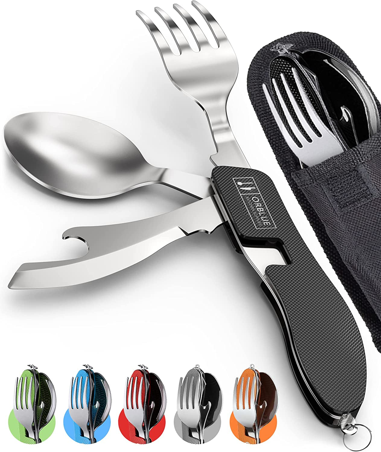 Orblue 4-in-1 Camping Utensils, 2-Pack - Portable Stainless Steel Spoon, Fork, Knife & Bottle Opener Combo Set - Travel, Backpacking Cutlery Multitool, Blue