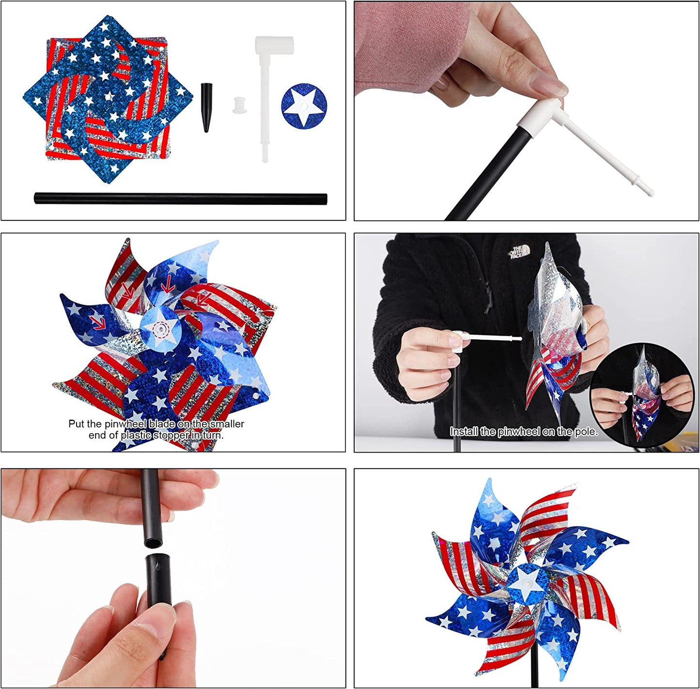 10 Pack Reflective Pinwheels Patriotic Decorations, American Flag on Stick Wind Spinner with Stake for Independence Day, Memorial Day July of 4th Party Supplies, Scare Birds Repellent Devices