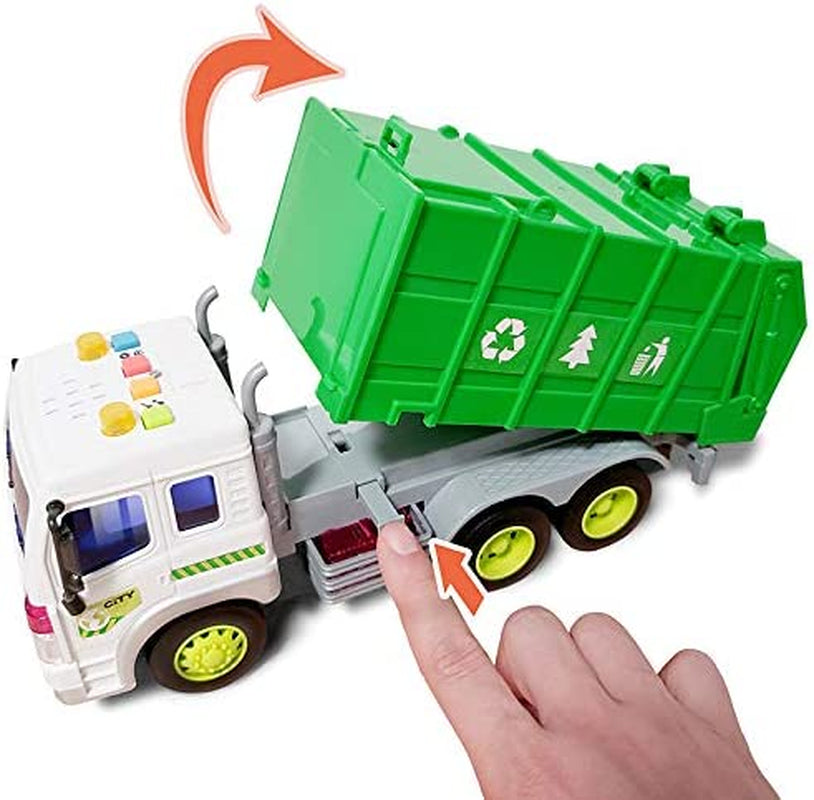 Friction Powered Garbage Truck Toys 1:16 Toy Vehicle with Lights and Sounds for Kids