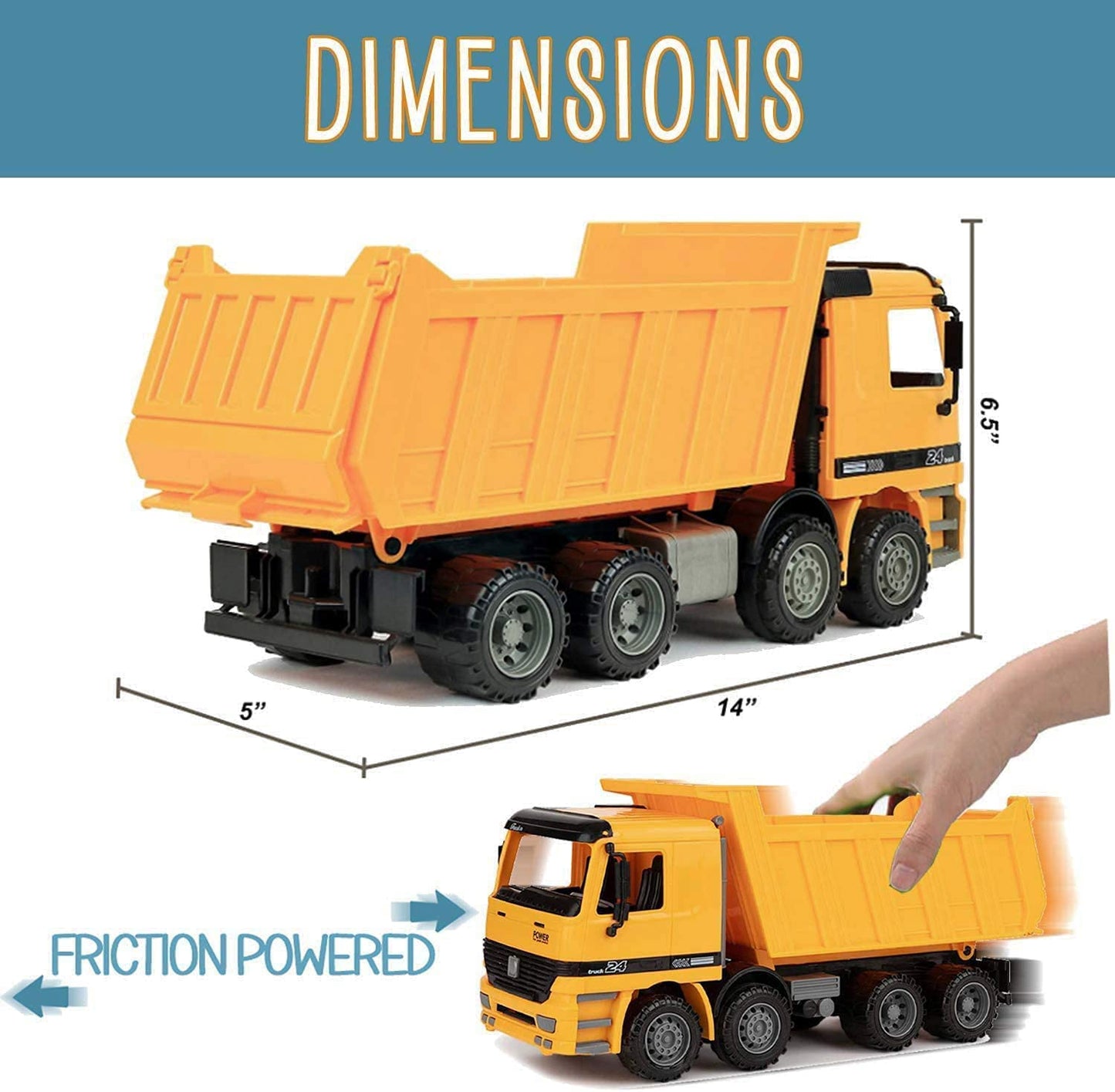 Oversized Dump Truck Toy for Kids Play, Big Friction Powered Toy Construction Vehicle with Lifting Dumping Bed