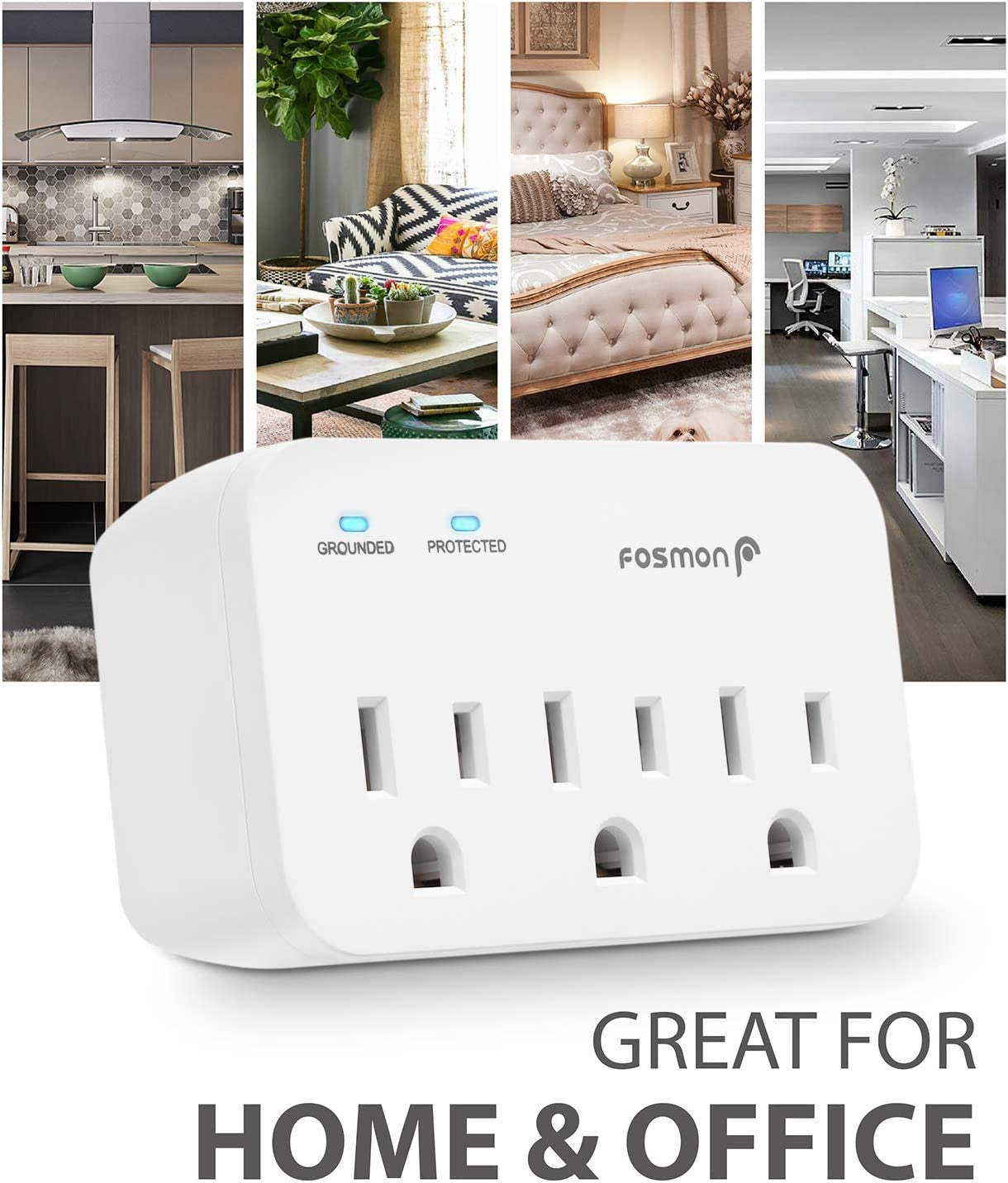 3 Outlet Surge Protector (4 Pack), 1200J Wall Mount Multi Plug Adapter Tap Extender, 1875 Watts Portable Travel Size for Indoor, Office, Dorm Room Essential, Grounded, ETL Listed