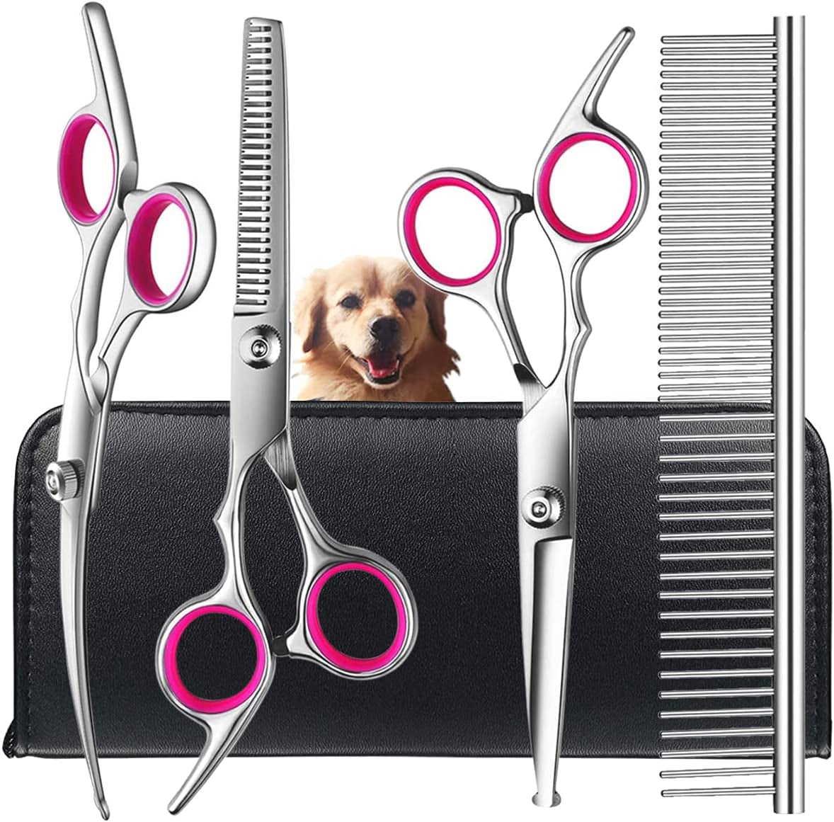Dog Grooming Scissors Kit with Safety round Tips, Stainless Steel Professional Dog Grooming Shears Set - Thinning, Straight, Curved Shears and Comb for Long Short Hair for Dog Cat Pet