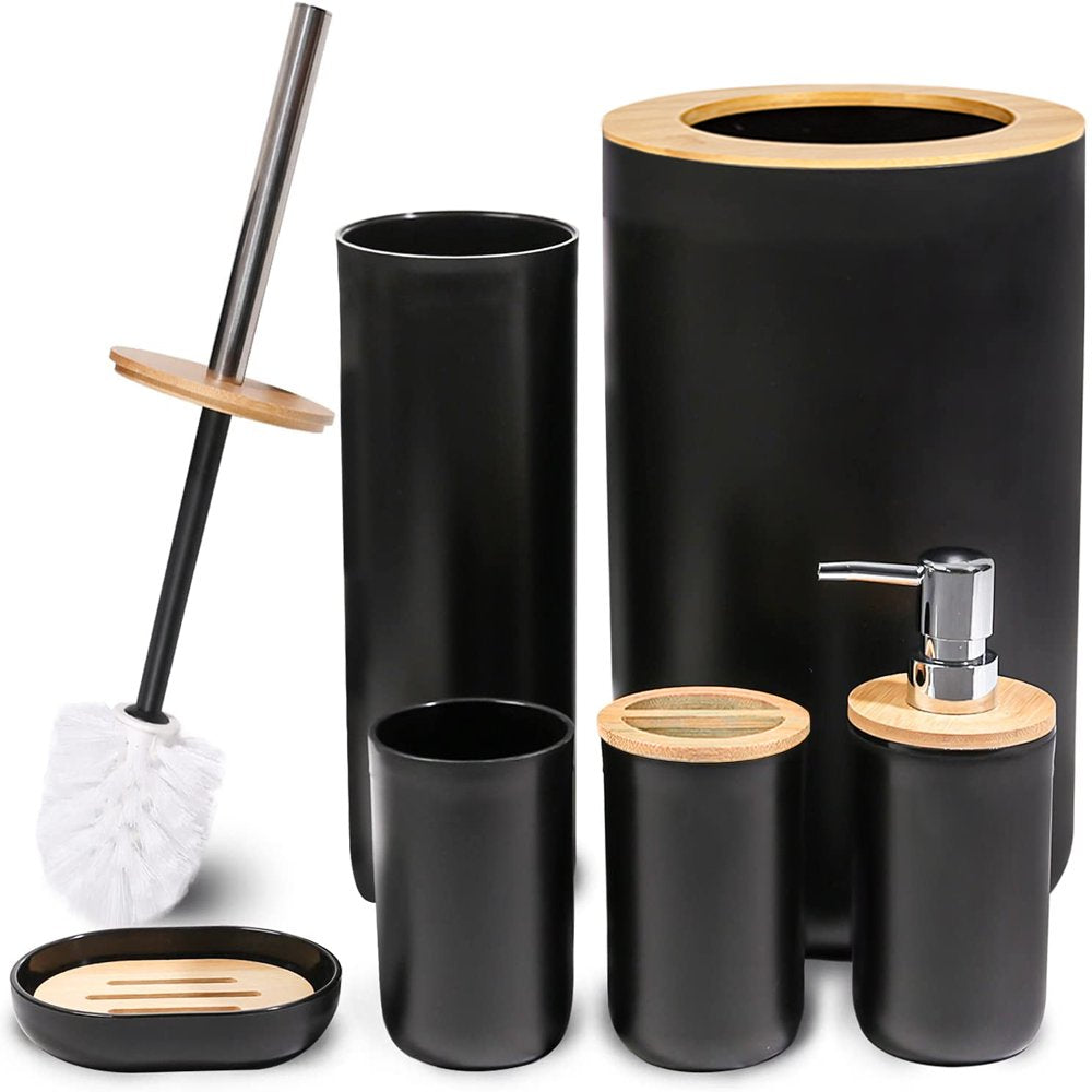 Bamboo Bathroom Accessory Set, 6 Pieces Bath Set- Soap Dish Toothbrush Holder Rinse Cup Lotion Bottle Trash Can Toilet Brush - Practical Toilet Kit for Home Washing Room,Black