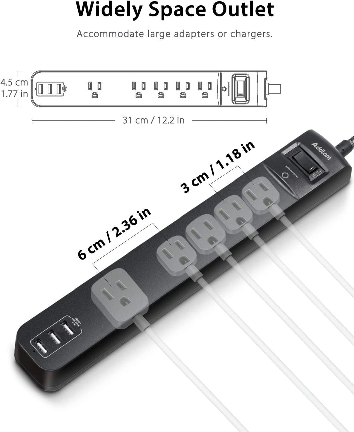 2 Pack Power Strip Surge Protector - 5 Widely Spaced Outlets 3 USB Charging Ports, 1875W/15A with 6Ft Braided Extension Cord, Flat Plug, Overload Surge Protection, Wall Mount for Home Office