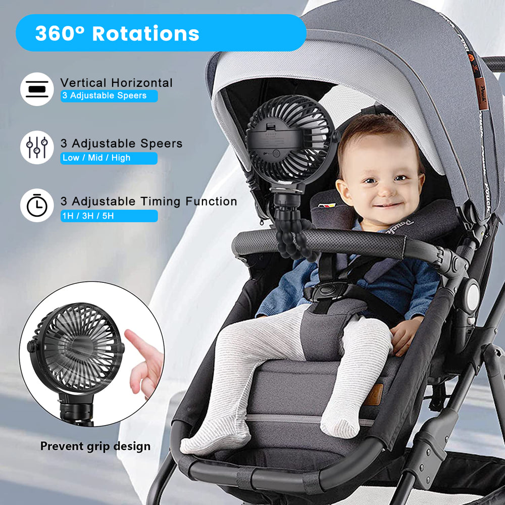 Portable Stroller Fan, Battery Operated Small Clip on Fan, with Flexible Tripod for Stroller Treadmill Crib Car Seat Travel, Black