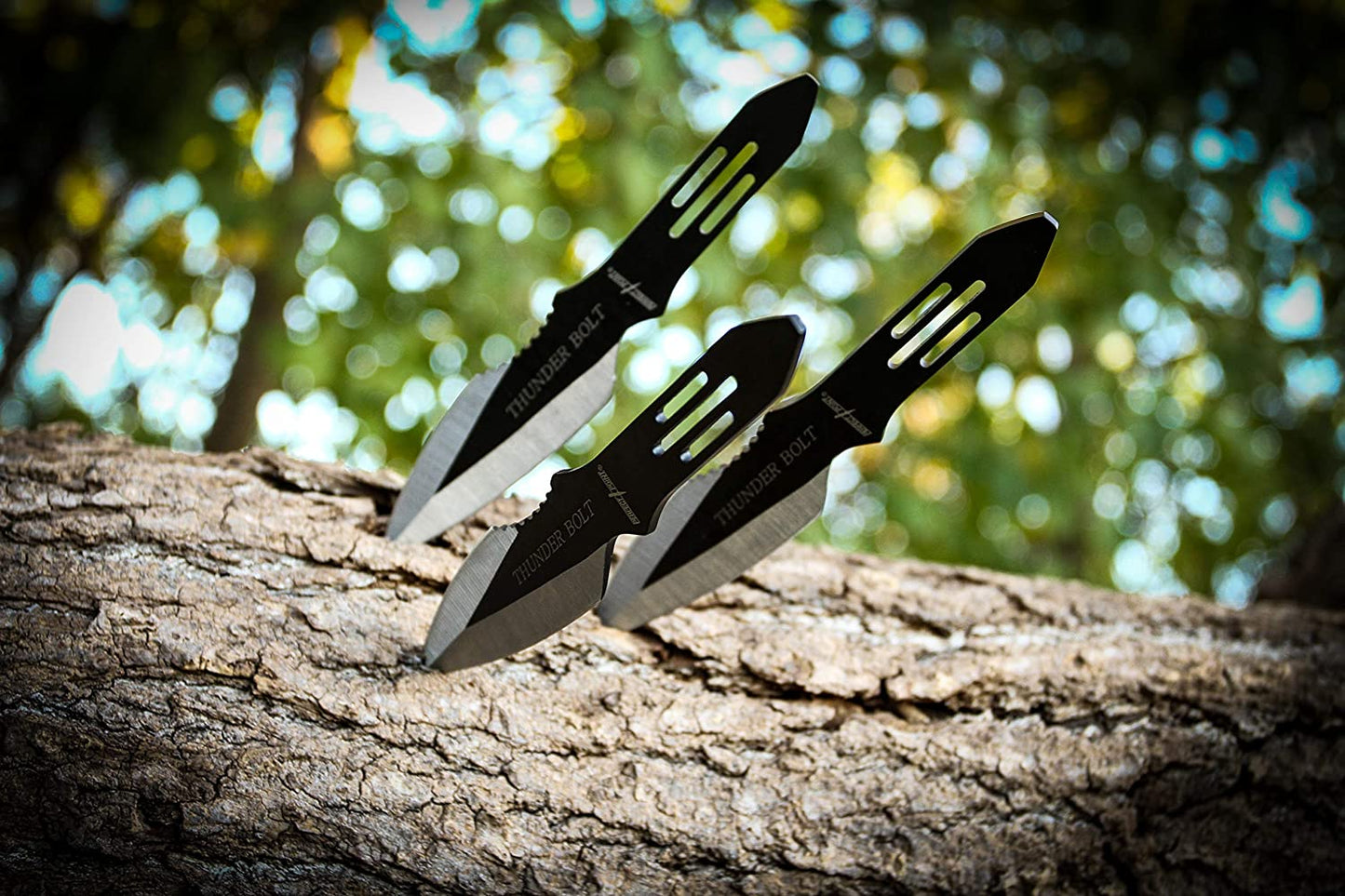Perfect Point Throwing Knives – Set of 3 – Black/Satin Finish Blades W/ Thunder Bolt Etching, Black Stainless Steel Handles, Nylon Sheath, Full Tang, Well Balanced, Throwing Sport Knives – RC-595-3