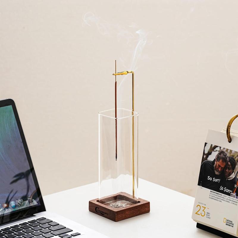  Ceremony Wooden Incense Holder for Sticks with Glass Ash Catcher - Includes 20 Incense Sticks and a Ash Brush