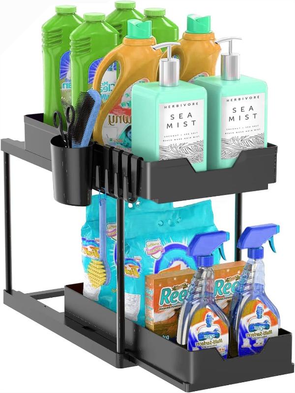 Under Sink Organizers for Storage, 2 Tier Under Sink Sliding Basket