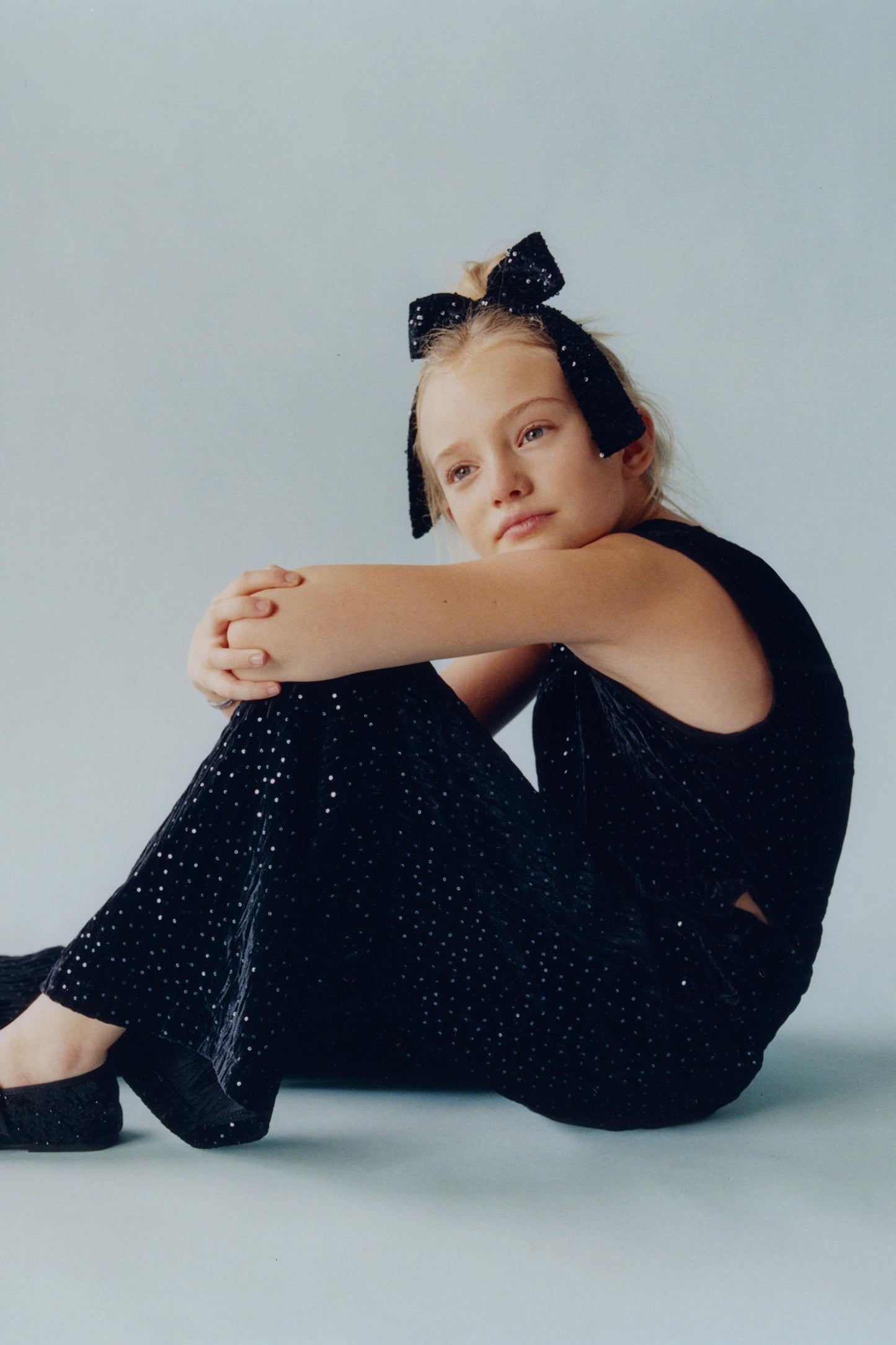 ZARA  Girls’ Long Shimmer Velvet Jumpsuit with Bow and Lace Detail SIZE-9