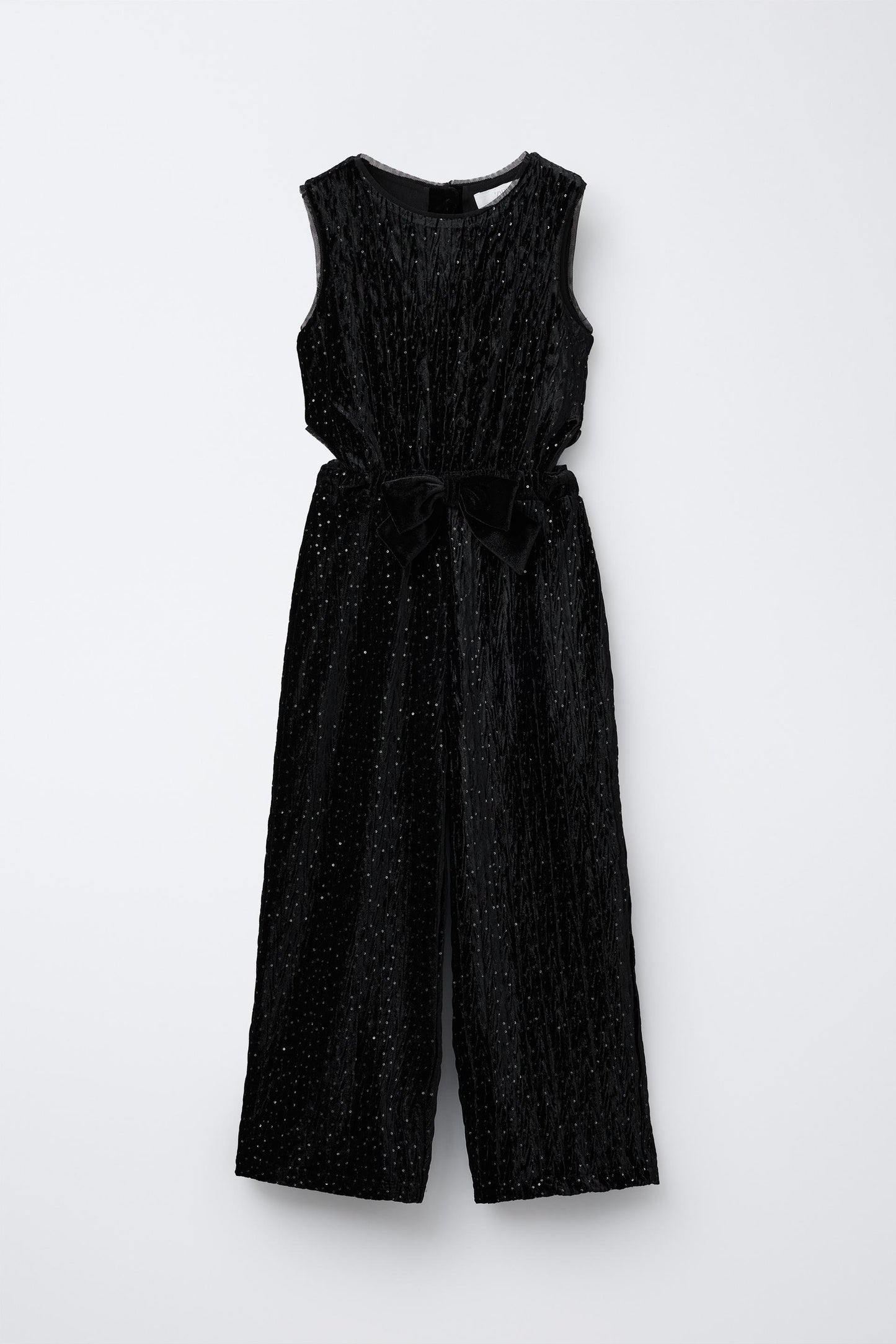 ZARA  Girls’ Long Shimmer Velvet Jumpsuit with Bow and Lace Detail SIZE-9