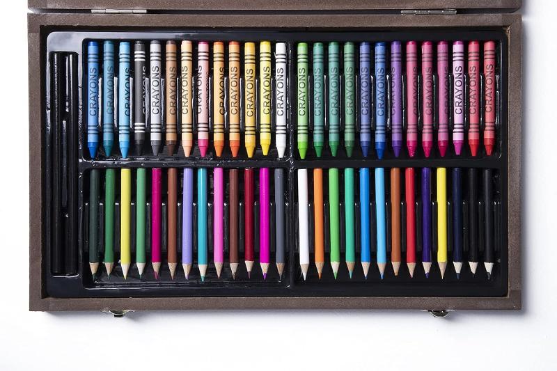 145 Piece Deluxe Art Set, Wooden Art Box & Drawing Kit with Oil Pastels, Crayons, Colored Pencils, Watercolor Cakes&  Brushes