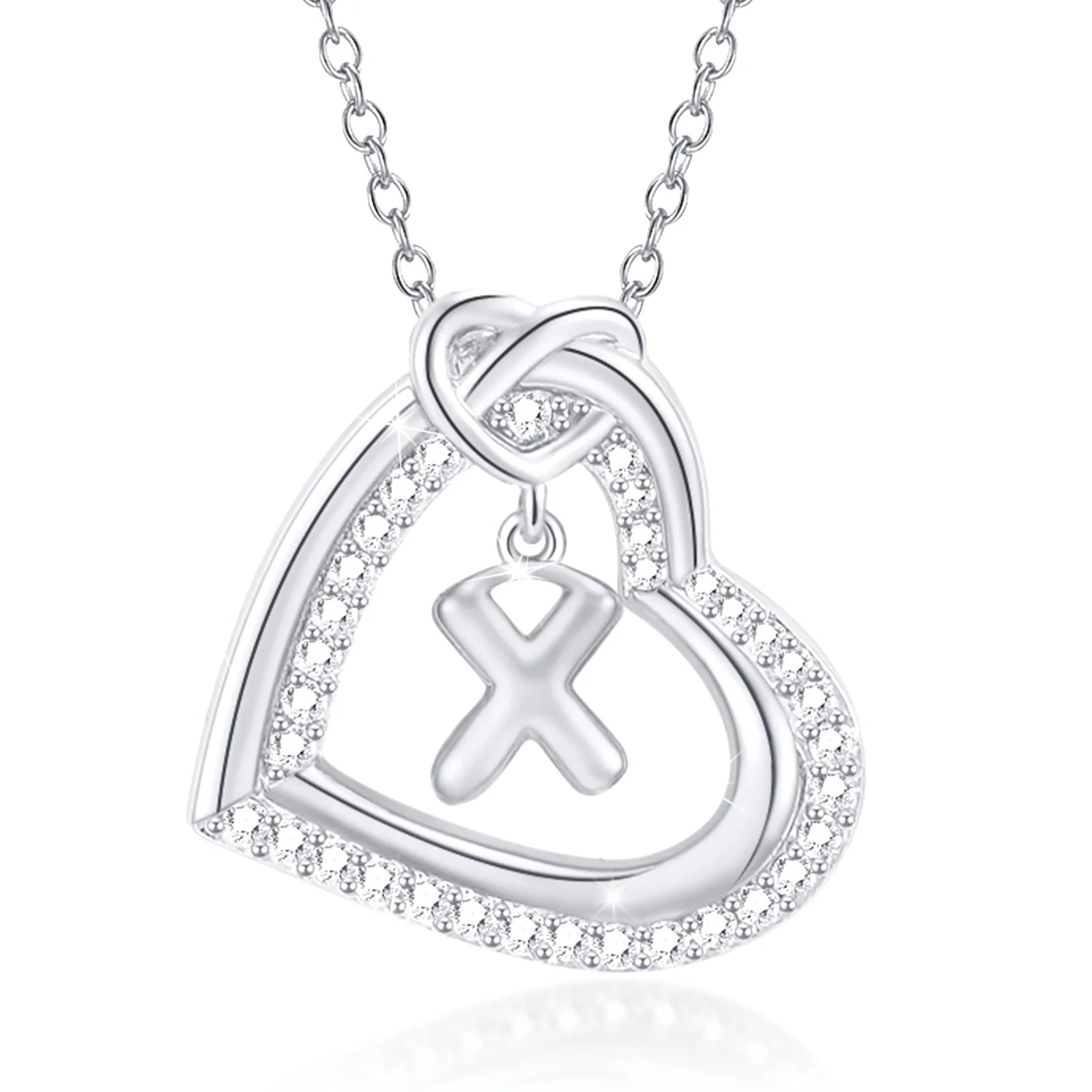 14K White Gold Love Heart Initial Necklace - CZ Hypoallergenic