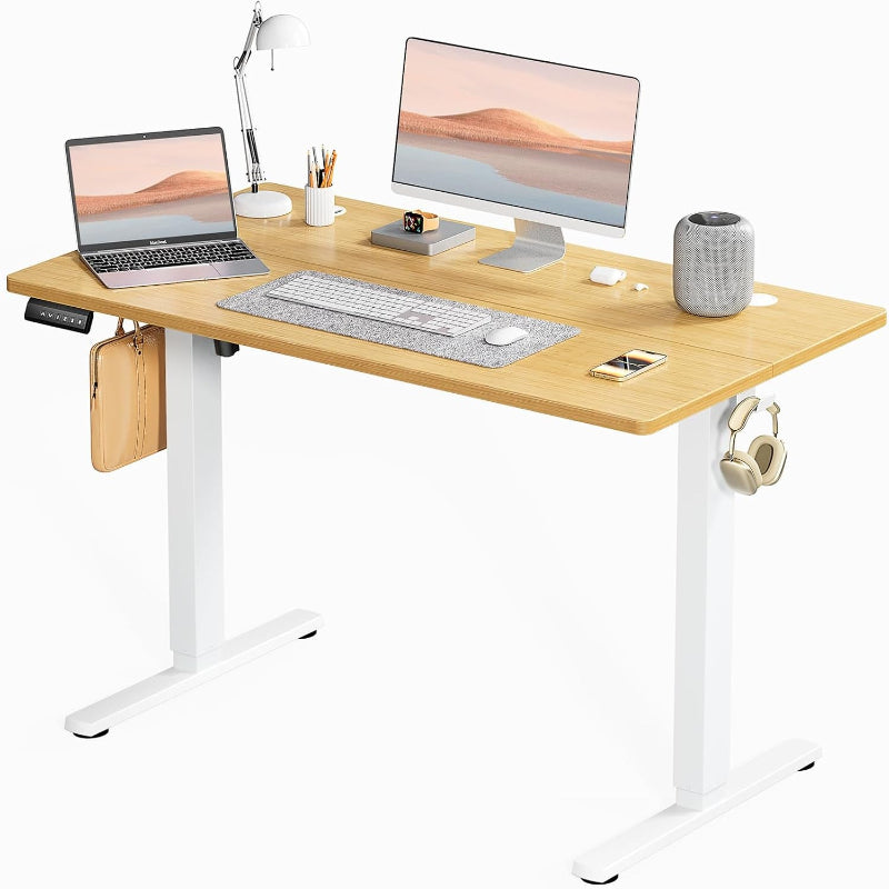 Electric Sit to Stand Up Desk with Splice Board, Rising Home Office Computer Table with 2 Hooks and Wire Hole