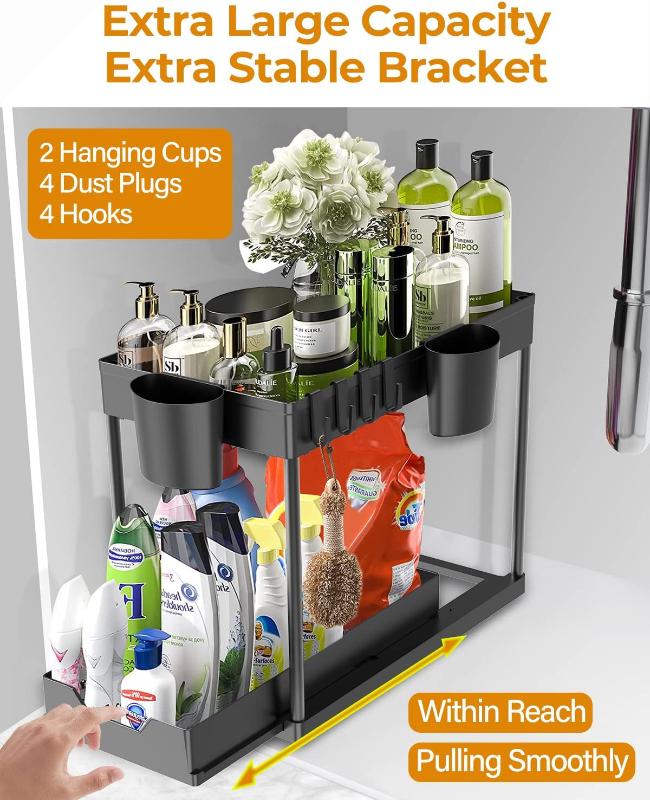 Under Sink Organizers for Storage, 2 Tier Under Sink Sliding Basket