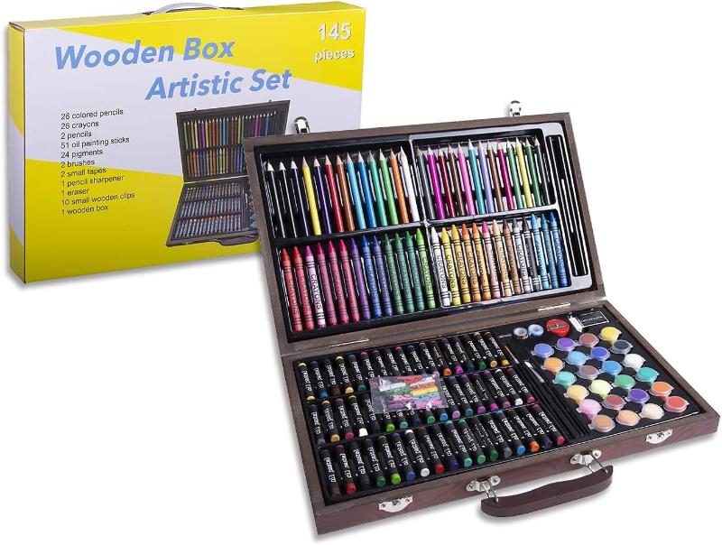 145 Piece Deluxe Art Set, Wooden Art Box & Drawing Kit with Oil Pastels, Crayons, Colored Pencils, Watercolor Cakes&  Brushes