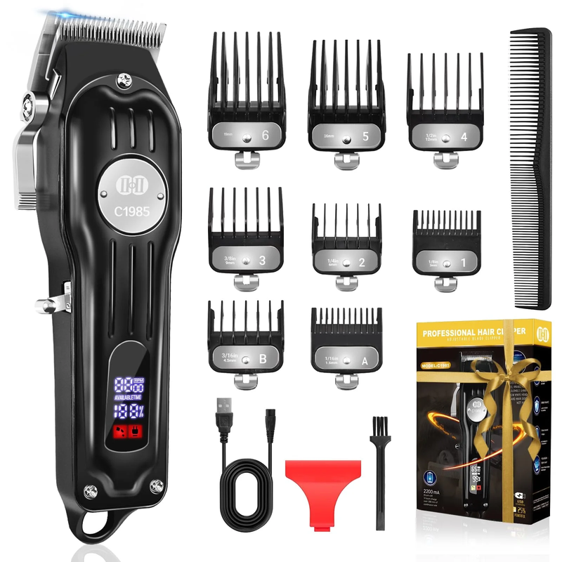 Cordless Metal Hair Clippers - Professional Trimmer Kit, LED Display USB Rechargeable