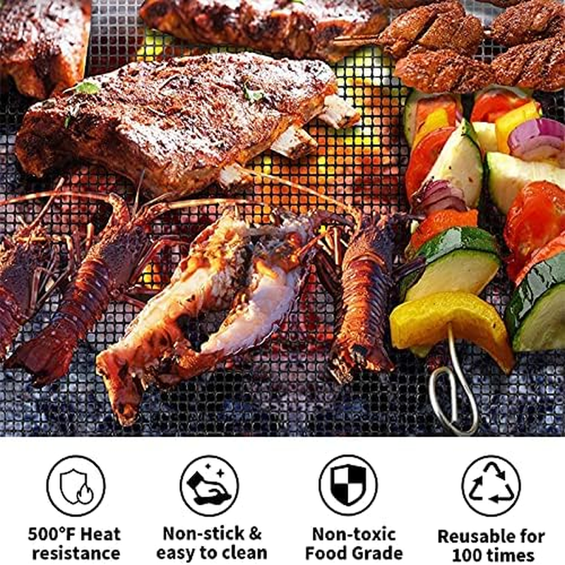 Set of 3 Grill Mesh Mats - Heavy Duty BBQ Non-Stick Cooking Sheet - Reusable