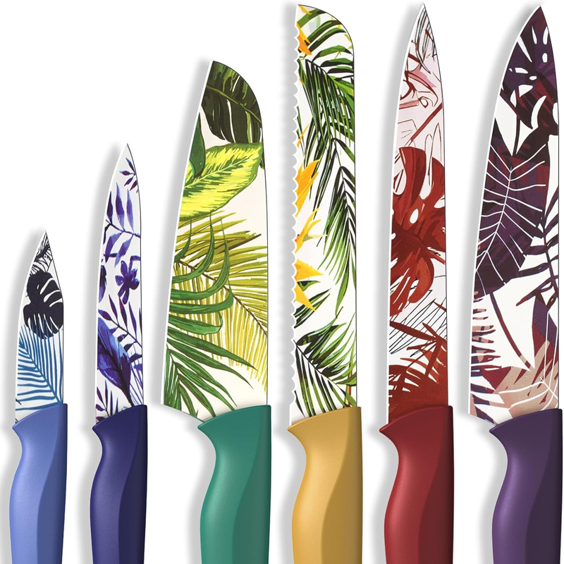 12 Pcs Colorful Pattern Kitchen Knife Set, 6 Stainless Steel Kitchen Knives with 6 Blade Guards, Dishwasher Safe