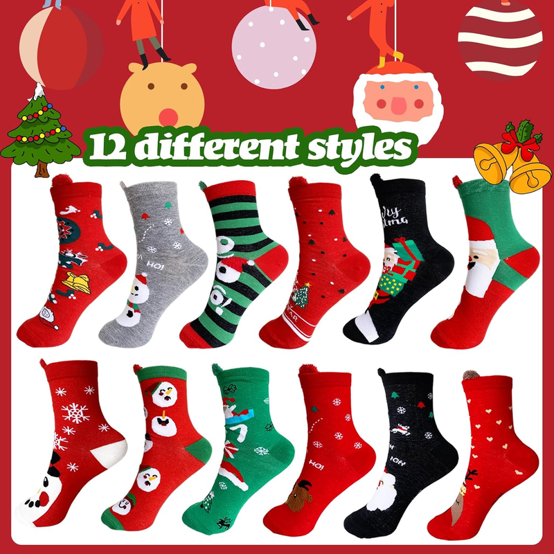 12 Pairs Christmas Socks - Fun Colorful Holiday Socks