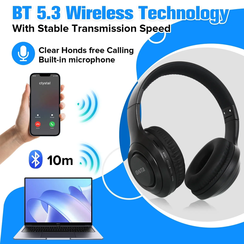  Wireless Over-Ear Bluetooth Headphones, Noise Cancelling with Microphone, Hi-Res Audio, Deep Bass, Memory Foam Ear Cups & Quick Charge